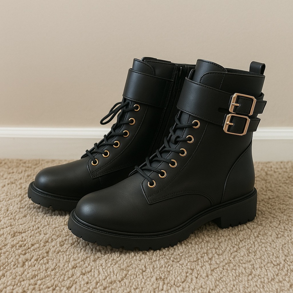 Black Leather Ankle Boots with Buckle Detail